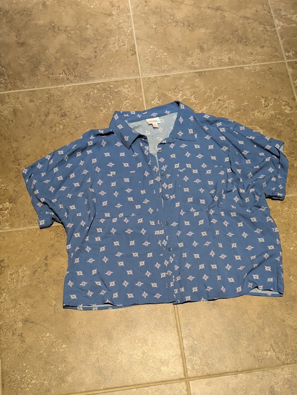 LuLaRoe Blue Short-Sleeve Button-Up Shirt with White & Pink Motif